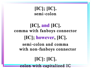 [IC]; [IC]. semi-colon [IC],  and  [IC]. comma with fanboys connector [IC];  however , [IC]. semi-colon and comma with non-fanboys connector [IC]: [IC]. colon with capitalized IC 