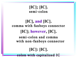 [IC]; [IC]. semi-colon [IC],  and  [IC]. comma with fanboys connector [IC];  however , [IC]. semi-colon and comma with non...