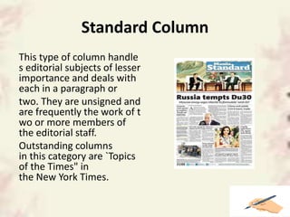 Standard Column
This type of column handle
s editorial subjects of lesser
importance and deals with
each in a paragraph or
two. They are unsigned and
are frequently the work of t
wo or more members of
the editorial staff.
Outstanding columns
in this category are `Topics
of the Times" in
the New York Times.
 