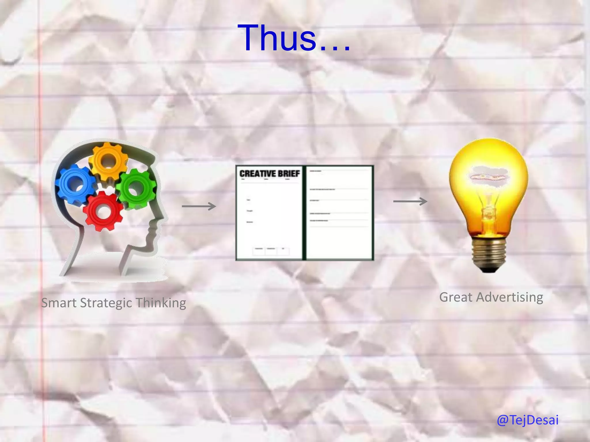 Thus…




Smart Strategic Thinking           Great Advertising




                                            @TejDesai
 