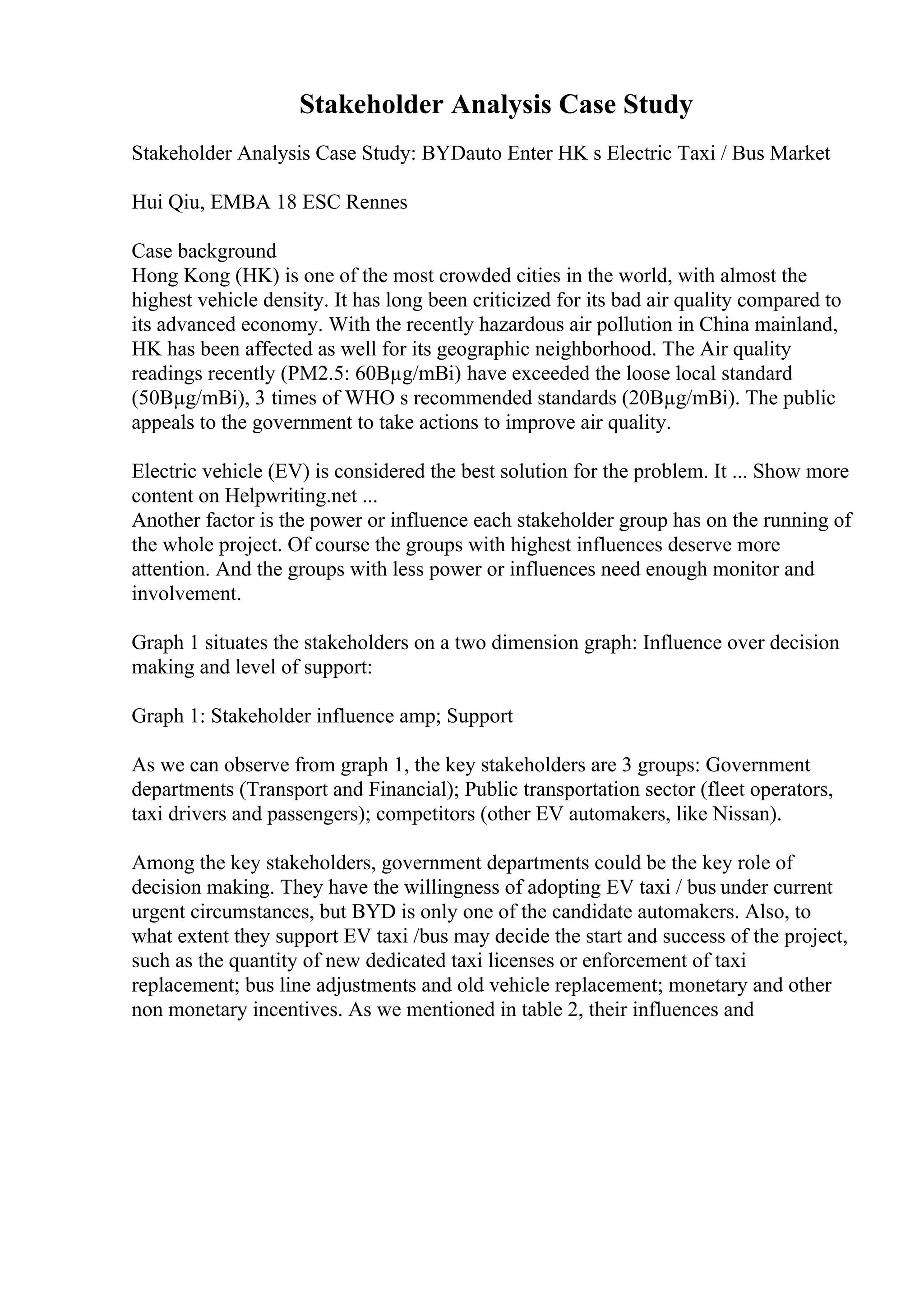 Stakeholder Analysis Case Study
Stakeholder Analysis Case Study: BYDauto Enter HK s Electric Taxi / Bus Market
Hui Qiu, EMBA 18 ESC Rennes
Case background
Hong Kong (HK) is one of the most crowded cities in the world, with almost the
highest vehicle density. It has long been criticized for its bad air quality compared to
its advanced economy. With the recently hazardous air pollution in China mainland,
HK has been affected as well for its geographic neighborhood. The Air quality
readings recently (PM2.5: 60Вµg/mВі) have exceeded the loose local standard
(50Вµg/mВі), 3 times of WHO s recommended standards (20Вµg/mВі). The public
appeals to the government to take actions to improve air quality.
Electric vehicle (EV) is considered the best solution for the problem. It ... Show more
content on Helpwriting.net ...
Another factor is the power or influence each stakeholder group has on the running of
the whole project. Of course the groups with highest influences deserve more
attention. And the groups with less power or influences need enough monitor and
involvement.
Graph 1 situates the stakeholders on a two dimension graph: Influence over decision
making and level of support:
Graph 1: Stakeholder influence amp; Support
As we can observe from graph 1, the key stakeholders are 3 groups: Government
departments (Transport and Financial); Public transportation sector (fleet operators,
taxi drivers and passengers); competitors (other EV automakers, like Nissan).
Among the key stakeholders, government departments could be the key role of
decision making. They have the willingness of adopting EV taxi / bus under current
urgent circumstances, but BYD is only one of the candidate automakers. Also, to
what extent they support EV taxi /bus may decide the start and success of the project,
such as the quantity of new dedicated taxi licenses or enforcement of taxi
replacement; bus line adjustments and old vehicle replacement; monetary and other
non monetary incentives. As we mentioned in table 2, their influences and
 