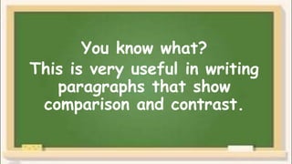 You know what?
This is very useful in writing
paragraphs that show
comparison and contrast.
 