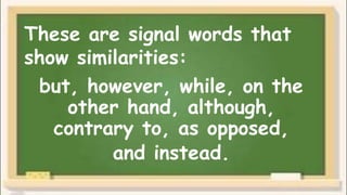 but, however, while, on the
other hand, although,
contrary to, as opposed,
and instead.
These are signal words that
show similarities:
 