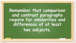 Remember that comparison
and contrast paragraphs
require for similarities and
differences of at least
two subjects.
 