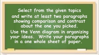 Select from the given topics
and write at least two paragraphs
showing comparison and contrast
about the one you picked.
Use the Venn diagram in organizing
your ideas. Write your paragraphs
in a one whole sheet of paper.
 
