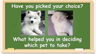 Have you picked your choice?
What helped you in deciding
which pet to take?
 