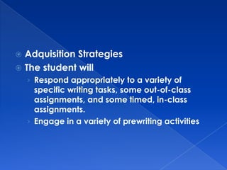  Adquisition Strategies
 The student will
    › Respond appropriately to a variety of
      specific writing tasks, some out-of-class
      assignments, and some timed, in-class
      assignments.
    › Engage in a variety of prewriting activities
 