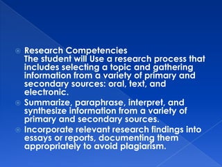  Research Competencies
  The student will Use a research process that
  includes selecting a topic and gathering
  information from a variety of primary and
  secondary sources: oral, text, and
  electronic.
 Summarize, paraphrase, interpret, and
  synthesize information from a variety of
  primary and secondary sources.
 Incorporate relevant research findings into
  essays or reports, documenting them
  appropriately to avoid plagiarism.
 