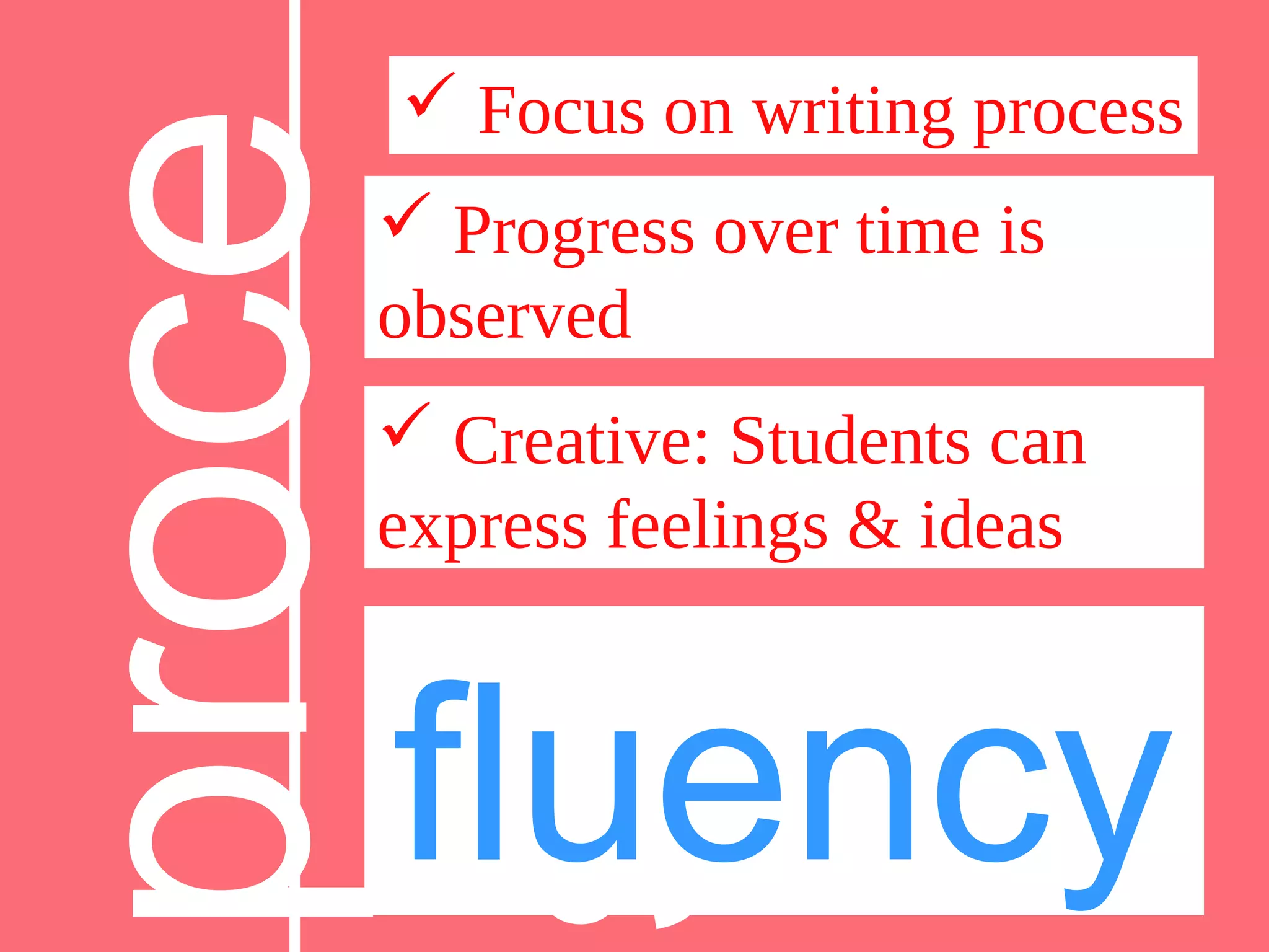 proce
ss
 Focus on writing process
 Progress over time is
observed
 Creative: Students can
express feelings & ideas
fluency
 