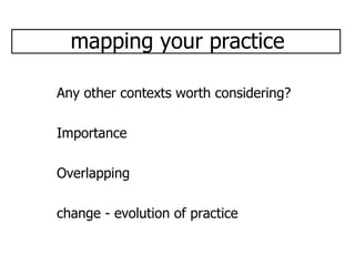 mapping your practice Any other contexts worth considering? Importance Overlapping change - evolution of practice 