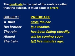 The predicate is the partpart of the sentence other
than the subject. It must contain a verb.
SUBJECTSUBJECT PREDICATEPRED...