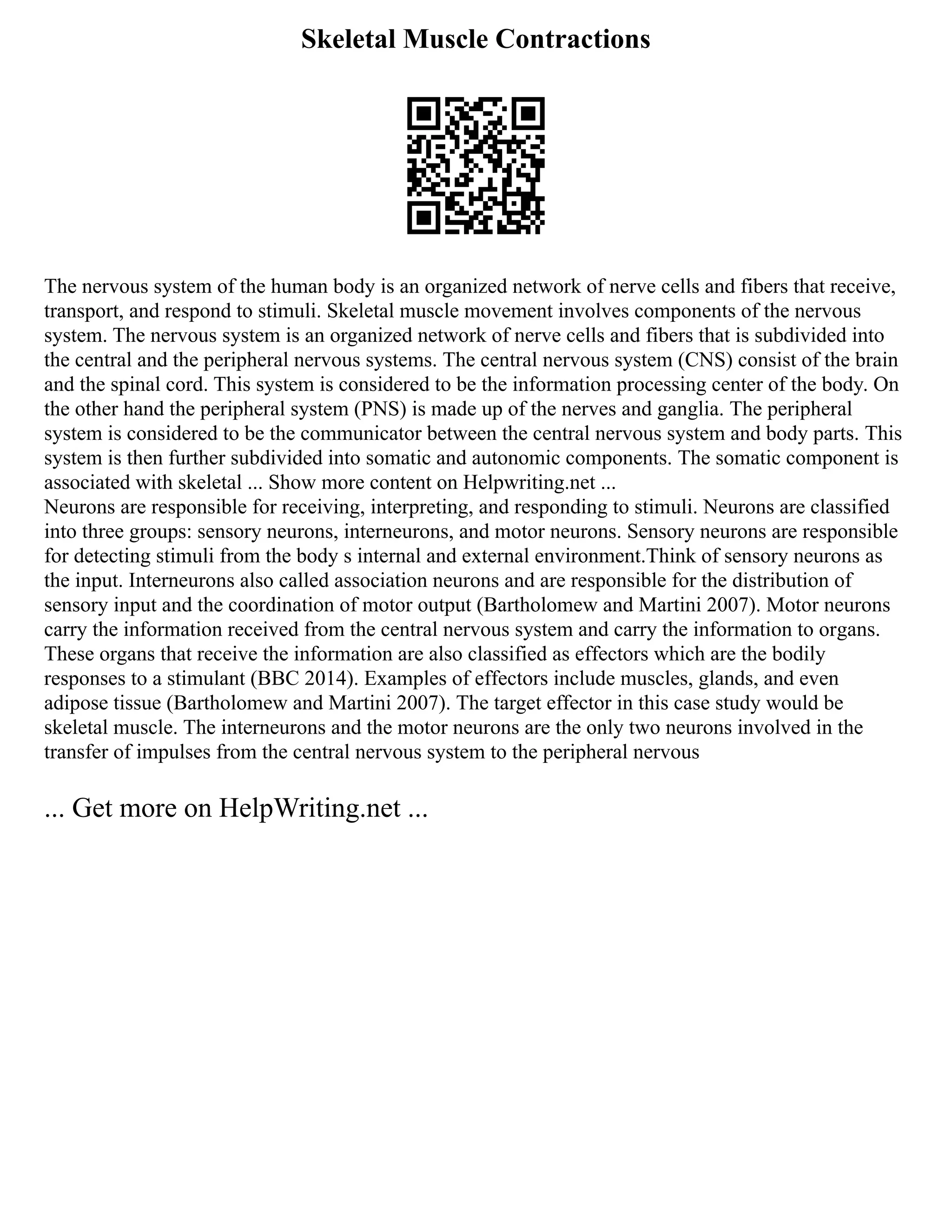 Skeletal Muscle Contractions
The nervous system of the human body is an organized network of nerve cells and fibers that receive,
transport, and respond to stimuli. Skeletal muscle movement involves components of the nervous
system. The nervous system is an organized network of nerve cells and fibers that is subdivided into
the central and the peripheral nervous systems. The central nervous system (CNS) consist of the brain
and the spinal cord. This system is considered to be the information processing center of the body. On
the other hand the peripheral system (PNS) is made up of the nerves and ganglia. The peripheral
system is considered to be the communicator between the central nervous system and body parts. This
system is then further subdivided into somatic and autonomic components. The somatic component is
associated with skeletal ... Show more content on Helpwriting.net ...
Neurons are responsible for receiving, interpreting, and responding to stimuli. Neurons are classified
into three groups: sensory neurons, interneurons, and motor neurons. Sensory neurons are responsible
for detecting stimuli from the body s internal and external environment.Think of sensory neurons as
the input. Interneurons also called association neurons and are responsible for the distribution of
sensory input and the coordination of motor output (Bartholomew and Martini 2007). Motor neurons
carry the information received from the central nervous system and carry the information to organs.
These organs that receive the information are also classified as effectors which are the bodily
responses to a stimulant (BBC 2014). Examples of effectors include muscles, glands, and even
adipose tissue (Bartholomew and Martini 2007). The target effector in this case study would be
skeletal muscle. The interneurons and the motor neurons are the only two neurons involved in the
transfer of impulses from the central nervous system to the peripheral nervous
... Get more on HelpWriting.net ...
 