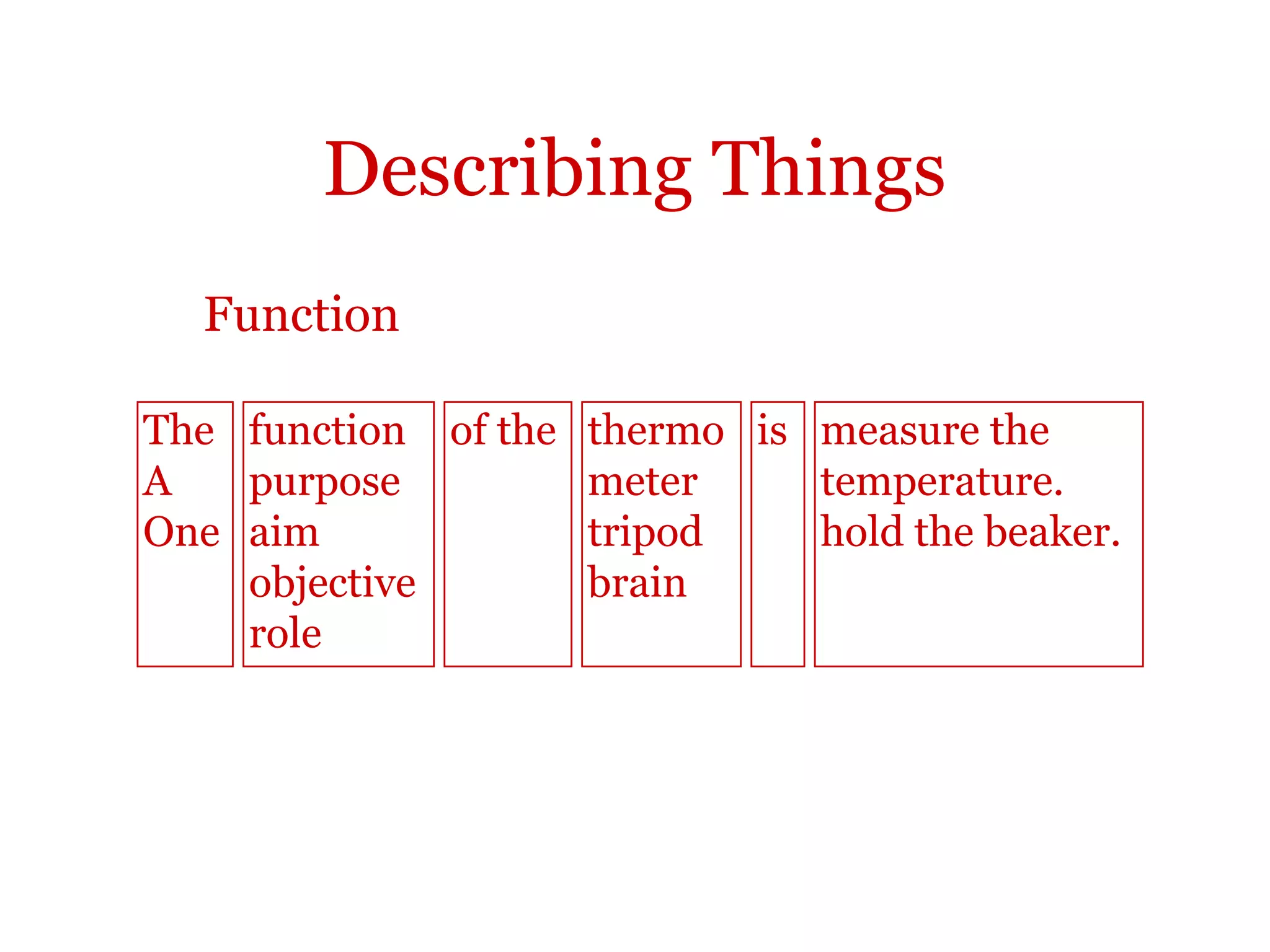 Describing processes
The stages are also connected with linking words or phrases, which you can
make use of, such as:
Once a plan for improvement has been agreed, ...
This is the implementation stage during which ...
During this stage, ... .
Also, make sure that you make the time sequence clear with words such as:
firstly
next
subsequently
 