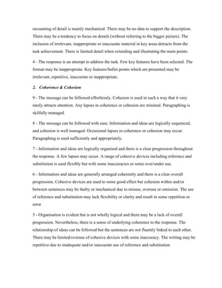 recounting of detail is mainly mechanical. There may be no data to support the description.
There may be a tendency to focus on details (without referring to the bigger picture). The
inclusion of irrelevant, inappropriate or inaccurate material in key areas detracts from the
task achievement. There is limited detail when extending and illustrating the main points.
4 - The response is an attempt to address the task. Few key features have been selected. The
format may be inappropriate. Key features/bullet points which are presented may be
irrelevant, repetitive, inaccurate or inappropriate.
2. Coherence & Cohesion
9 - The message can be followed effortlessly. Cohesion is used in such a way that it very
rarely attracts attention. Any lapses in coherence or cohesion are minimal. Paragraphing is
skilfully managed.
8 - The message can be followed with ease. Information and ideas are logically sequenced,
and cohesion is well managed. Occasional lapses in coherence or cohesion may occur.
Paragraphing is used sufficiently and appropriately.
7 - Information and ideas are logically organised and there is a clear progression throughout
the response. A few lapses may occur. A range of cohesive devices including reference and
substitution is used flexibly but with some inaccuracies or some over/under use.
6 - Information and ideas are generally arranged coherently and there is a clear overall
progression. Cohesive devices are used to some good effect but cohesion within and/or
between sentences may be faulty or mechanical due to misuse, overuse or omission. The use
of reference and substitution may lack flexibility or clarity and result in some repetition or
error
5 - Organisation is evident but is not wholly logical and there may be a lack of overall
progression. Nevertheless, there is a sense of underlying coherence to the response. The
relationship of ideas can be followed but the sentences are not fluently linked to each other.
There may be limited/overuse of cohesive devices with some inaccuracy. The writing may be
repetitive due to inadequate and/or inaccurate use of reference and substitution.
 