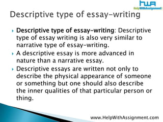 Writing different types of essays narrative, descriptive, persuasive | PPTX