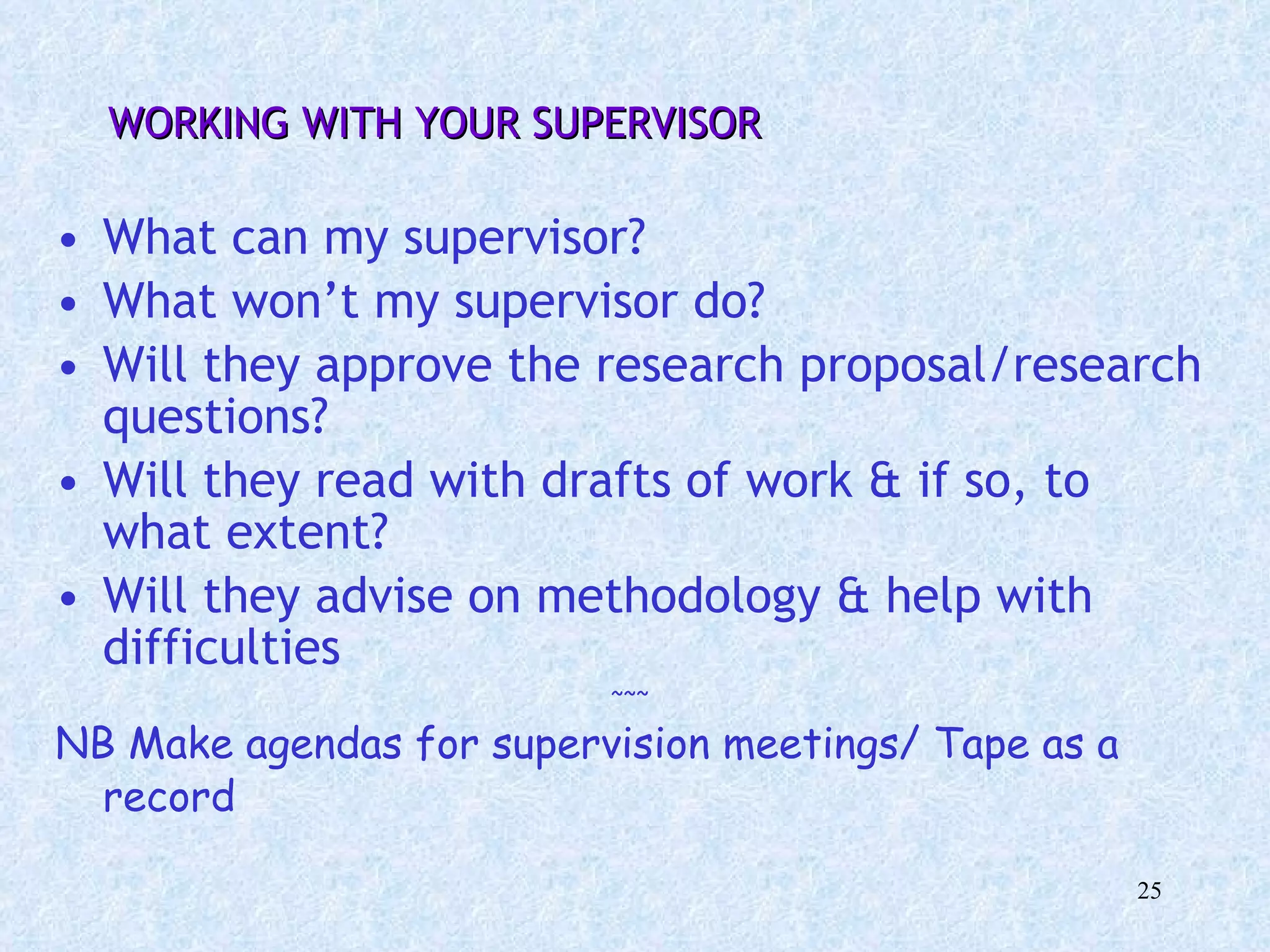 WORKING WITH YOUR SUPERVISOR What can my supervisor?  What won’t my supervisor do? Will they approve the research proposal/research questions?  Will they read with drafts of work & if so, to what extent? Will they advise on methodology & help with difficulties ~~~ NB Make agendas for supervision meetings/ Tape as a record 