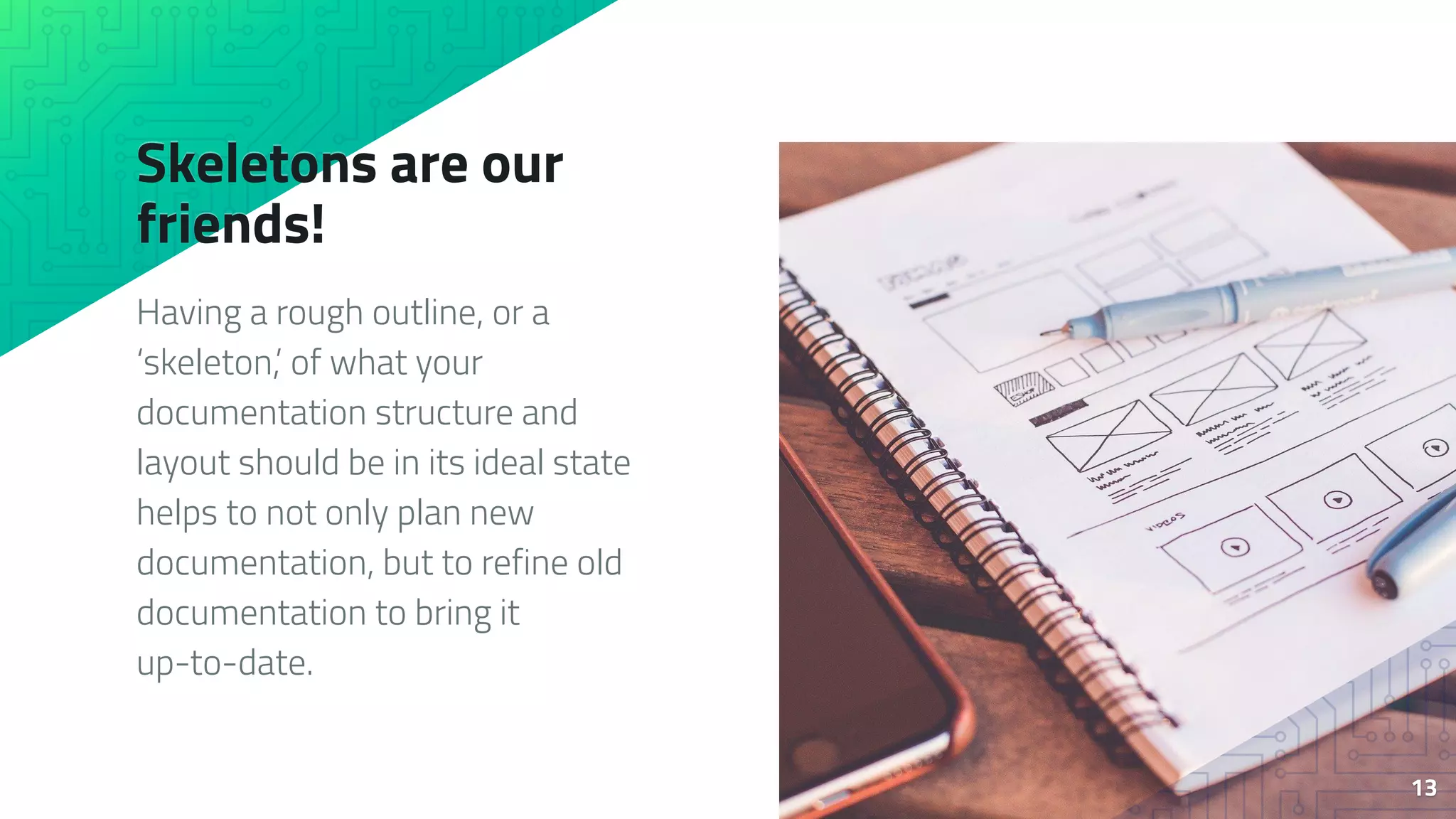 Skeletons are our
friends!
Having a rough outline, or a
‘skeleton,’ of what your
documentation structure and
layout should be in its ideal state
helps to not only plan new
documentation, but to refine old
documentation to bring it
up-to-date.
13
 