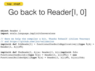 tag: step5 
Go back to Reader[I, 0] 
object Reader {! 
import scala.language.implicitConversions 
// Here we help the compiler a bit. Thanks @skaalf (Julien Tournay) ! 
// and https://github.com/jto/validation 
implicit def fcbReads[I] = functionalCanBuildApplicative[({type λ[A] = 
Reader[I, A]})#λ] 
implicit def fboReads[I, A](a: Reader[I, A])(implicit fcb: 
FunctionalCanBuild[({type λ[x] = Reader[I, x]})#λ]) = new 
FunctionalBuilderOps[({type λ[x] = Reader[I, x]})#λ, A](a)(fcb) 
 
