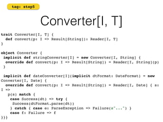 Converter[I, T] 
tag: step5 
trait Converter[I, T] { 
def convert(p: I => Result[String]): Reader[I, T] 
}! 
object Converter { 
implicit def stringConverter[I] = new Converter[I, String] { 
override def convert(p: I => Result[String]) = Reader[I, String](p) 
}! 
! 
implicit def dateConverter[I](implicit dtFormat: DateFormat) = new 
Converter[I, Date] { 
override def convert(p: I => Result[String]) = Reader[I, Date] { s: 
I => 
p(s) match { 
case Success(dt) => try { ! 
Success(dtFormat.parse(dt)) 
} catch { case e: ParseException => Failure(s"...") } 
case f: Failure => f 
}}} 
 