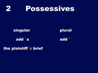 2

Possessives	

singular

plural

add ’s

add ’

the plaintiff’s brief

 