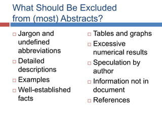 What Should Be Excluded
from (most) Abstracts?
 Jargon and
undefined
abbreviations
 Detailed
descriptions
 Examples
 Well-established
facts
 Tables and graphs
 Excessive
numerical results
 Speculation by
author
 Information not in
document
 References
 