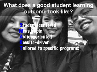 What does a good student learning outcome look like? S M A R T tudent-centered easurable ction-oriented esults-driven ailored to specific programs 