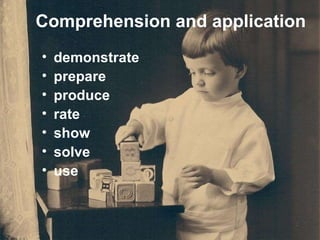 Comprehension and application demonstrate prepare produce rate show solve use 