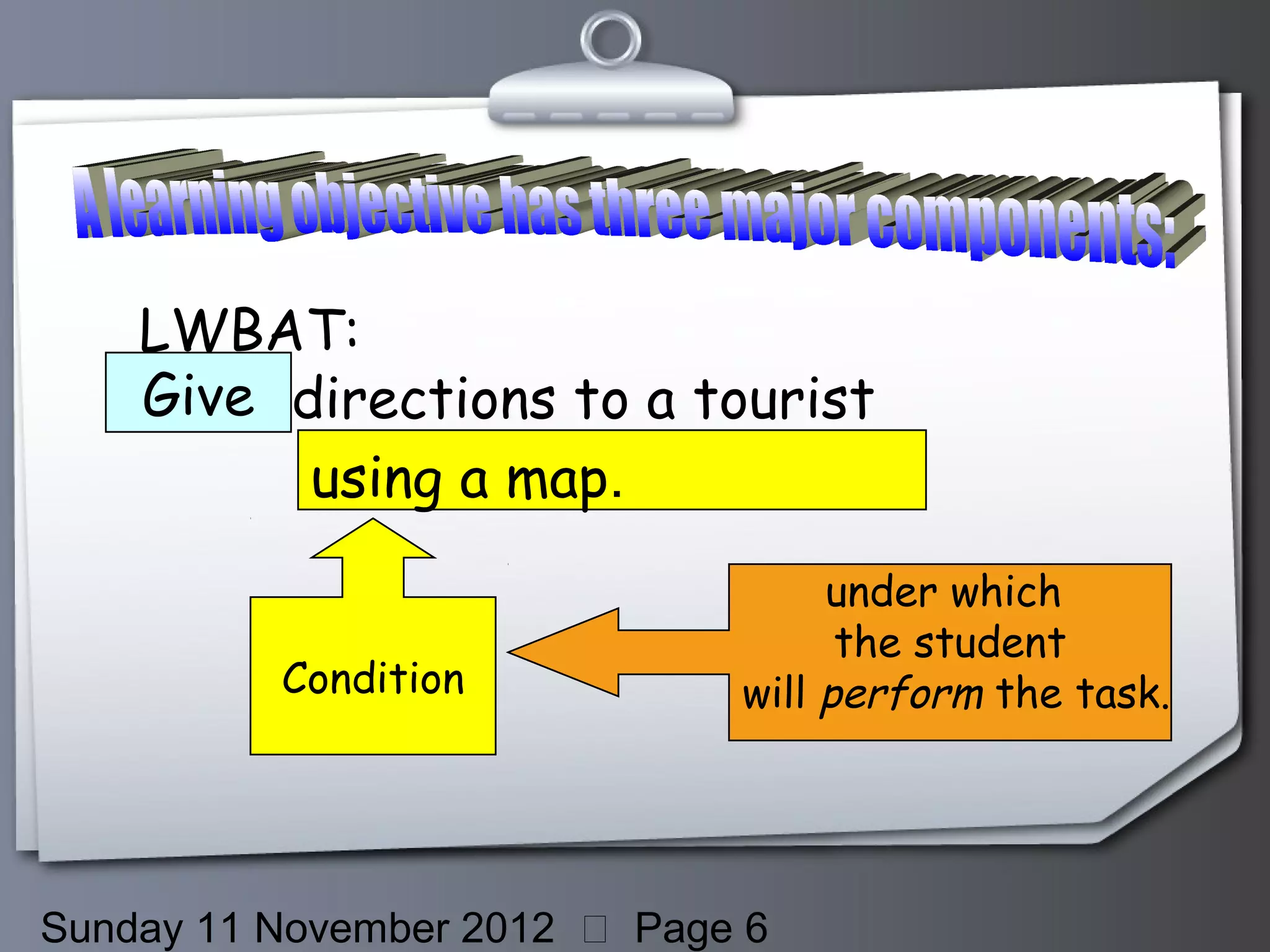 LWBAT:
    Give directions to a tourist
          using a map.
                                   under which
                                    the student
          Condition           will perform the task.




Sunday 11 November 2012  Page 6
 