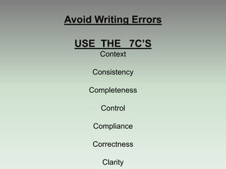 Avoid Writing Errors
USE THE 7C’S
Context
Consistency
Completeness
Control
Compliance
Correctness
Clarity
 