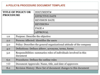 DOCUMENT#TITLE OF POLICY OR
PROCEDURE EFFECTIVE DATE
REVISION DATE
REVISION#
PAGE #
APPROVAL
Purpose: Describe the objective1.0
Persons Affected: Identifies the users2.0
Policy: Describes the general organizational attitude of the company3.0
Definitions: Defines abbrev, acronyms, terms, forms4.0
Responsibilities: summaries roles of individuals involved in this
document
5.0
Procedures: Defines the outline rules6.0
Document Approvals: Name, title, and date of approvers7.O
Revision History: Show list of document changes to this document8.0
A POLICY& PROCEDURE DOCUMENT TEMPLATE
 