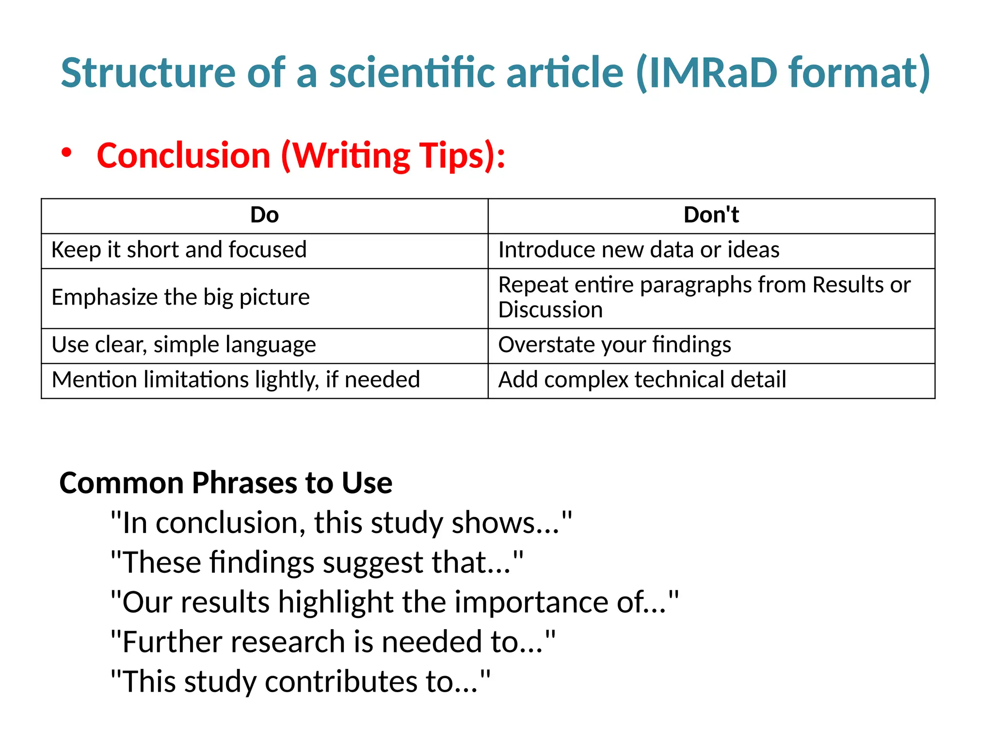 • Conclusion (Writing Tips):
Structure of a scientific article (IMRaD format)
Do Don't
Keep it short and focused Introduce new data or ideas
Emphasize the big picture
Repeat entire paragraphs from Results or
Discussion
Use clear, simple language Overstate your findings
Mention limitations lightly, if needed Add complex technical detail
Common Phrases to Use
"In conclusion, this study shows..."
"These findings suggest that..."
"Our results highlight the importance of..."
"Further research is needed to..."
"This study contributes to..."
 
