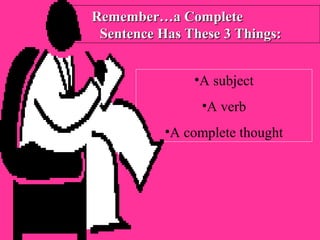 Remember…a CompleteRemember…a Complete
Sentence Has These 3 Things:Sentence Has These 3 Things:
•A subject
•A verb
•A complete thought
 