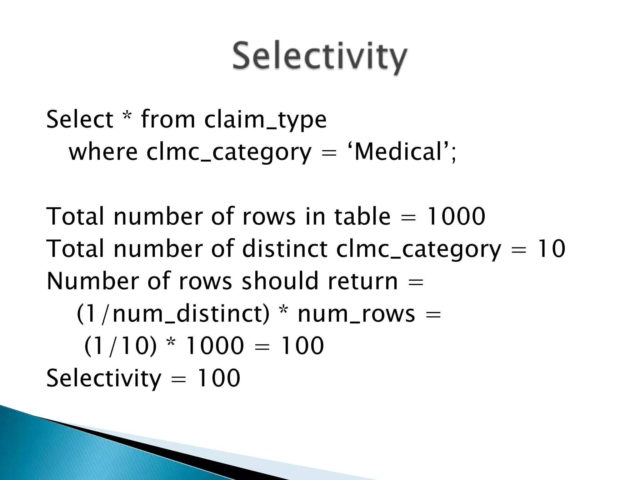 Select * from claim_type where clmc_category = „Medical‟; Total number of rows in table = 1000 Total number of distinct clmc_category = 10 Number of rows should return = (1/num_distinct) * num_rows = (1/10) * 1000 = 100 Selectivity = 100 