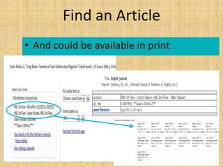 Find an Article
• And could be available in print
 