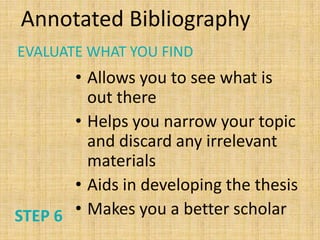 Annotated Bibliography
EVALUATE WHAT YOU FIND
       • Allows you to see what is
         out there
       • Helps you narrow your topic
         and discard any irrelevant
         materials
       • Aids in developing the thesis
STEP 6 • Makes you a better scholar
 