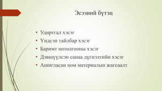 Эсээний бүтэц
• Удиртгал хэсэг
• Үндсэн тайлбар хэсэг
• Баримт нотолгооны хэсэг
• Дэвшүүлсэн санаа дүгнэлтийн хэсэг
• Ашигласан ном материалын жагсаалт
 