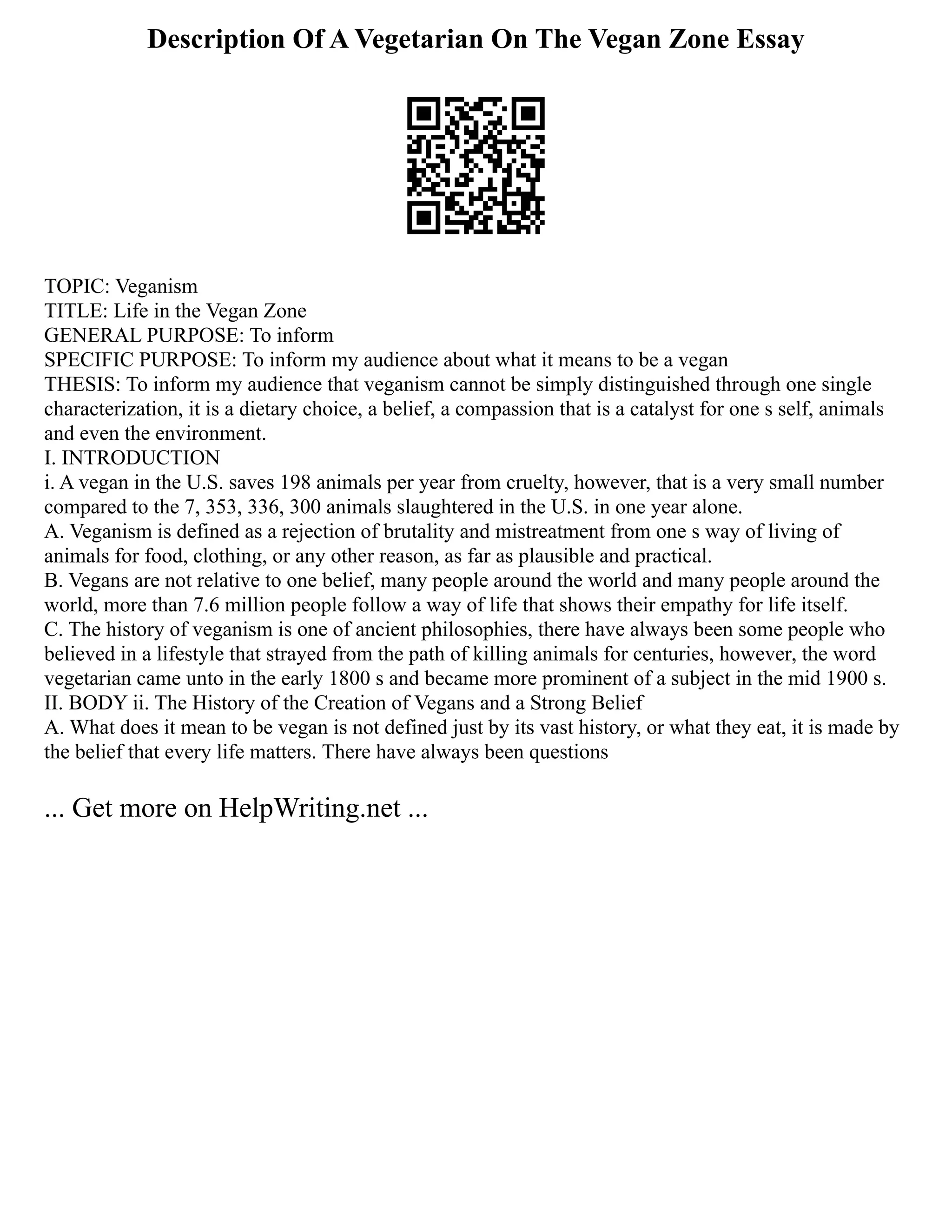 Description Of A Vegetarian On The Vegan Zone Essay
TOPIC: Veganism
TITLE: Life in the Vegan Zone
GENERAL PURPOSE: To inform
SPECIFIC PURPOSE: To inform my audience about what it means to be a vegan
THESIS: To inform my audience that veganism cannot be simply distinguished through one single
characterization, it is a dietary choice, a belief, a compassion that is a catalyst for one s self, animals
and even the environment.
I. INTRODUCTION
i. A vegan in the U.S. saves 198 animals per year from cruelty, however, that is a very small number
compared to the 7, 353, 336, 300 animals slaughtered in the U.S. in one year alone.
A. Veganism is defined as a rejection of brutality and mistreatment from one s way of living of
animals for food, clothing, or any other reason, as far as plausible and practical.
B. Vegans are not relative to one belief, many people around the world and many people around the
world, more than 7.6 million people follow a way of life that shows their empathy for life itself.
C. The history of veganism is one of ancient philosophies, there have always been some people who
believed in a lifestyle that strayed from the path of killing animals for centuries, however, the word
vegetarian came unto in the early 1800 s and became more prominent of a subject in the mid 1900 s.
II. BODY ii. The History of the Creation of Vegans and a Strong Belief
A. What does it mean to be vegan is not defined just by its vast history, or what they eat, it is made by
the belief that every life matters. There have always been questions
... Get more on HelpWriting.net ...
 