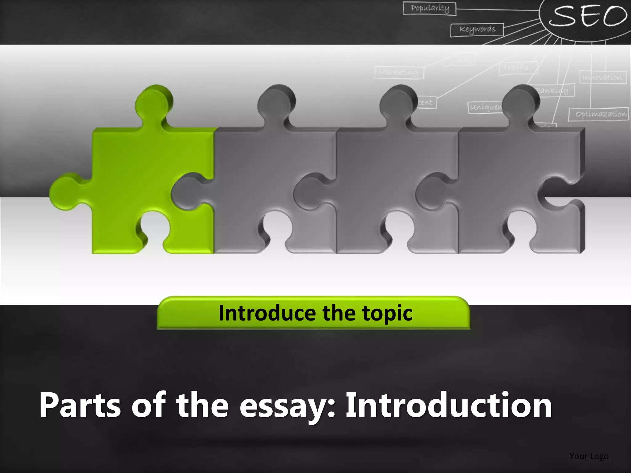 Introduce the topic
Your Logo
Parts of the essay: Introduction
 