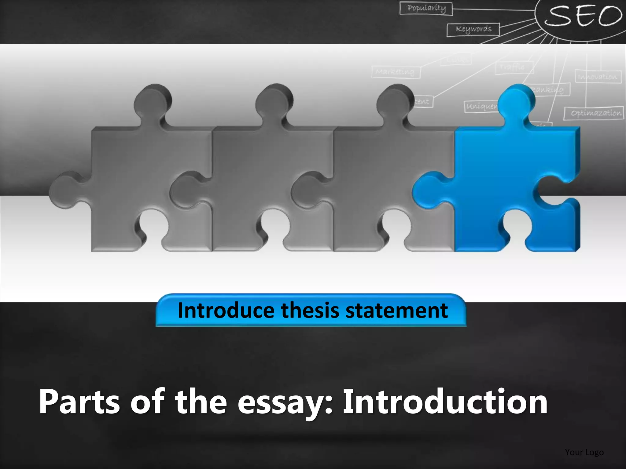Introduce thesis statement
Your Logo
Parts of the essay: Introduction
 