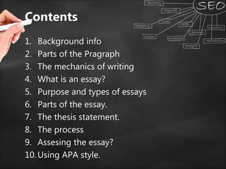 Contents
1. Background info
2. Parts of the Pragraph
3. The mechanics of writing
4. What is an essay?
5. Purpose and types of essays
6. Parts of the essay.
7. The thesis statement.
8. The process
9. Assesing the essay?
10. Using APA style.
 