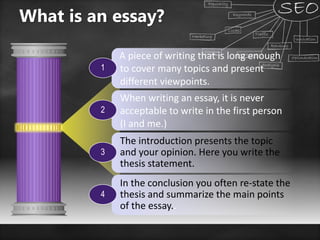A piece of writing that is long enough
to cover many topics and present
different viewpoints.
1
When writing an essay, it is never
acceptable to write in the first person
(I and me.)
2
The introduction presents the topic
and your opinion. Here you write the
thesis statement.
3
In the conclusion you often re-state the
thesis and summarize the main points
of the essay..
4
What is an essay?
 