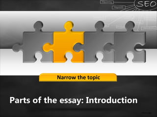 Narrow the topic
Your Logo
Parts of the essay: Introduction
 