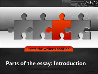 State the writer’s position
Your Logo
Parts of the essay: Introduction
 