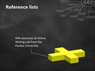 APA resources at Online
Writing Lab from the
Purdue University.
Reference lists
 
