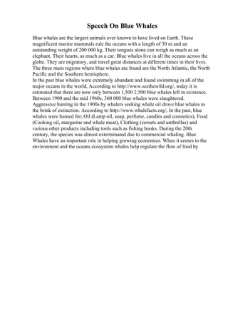 Speech On Blue Whales
Blue whales are the largest animals ever known to have lived on Earth. These
magnificent marine mammals rule the oceans with a length of 30 m and an
outstanding weight of 200 000 kg. Their tongues alone can weigh as much as an
elephant. Their hearts, as much as a car. Blue whales live in all the oceans across the
globe. They are migratory, and travel great distances at different times in their lives.
The three main regions where blue whales are found are the North Atlantic, the North
Pacific and the Southern hemisphere.
In the past blue whales were extremely abundant and found swimming in all of the
major oceans in the world, According to http://www.seethewild.org/, today it is
estimated that there are now only between 1,500 2,500 blue whales left in existence.
Between 1900 and the mid 1960s, 360 000 blue whales were slaughtered.
Aggressive hunting in the 1900s by whalers seeking whale oil drove blue whales to
the brink of extinction. According to http://www.whalefacts.org/, In the past, blue
whales were hunted for; Oil (Lamp oil, soap, perfume, candles and cosmetics), Food
(Cooking oil, margarine and whale meat), Clothing (corsets and umbrellas) and
various other products including tools such as fishing hooks. During the 20th
century, the species was almost exterminated due to commercial whaling. Blue
Whales have an important role in helping growing economies. When it comes to the
environment and the oceans ecosystem whales help regulate the flow of food by
 