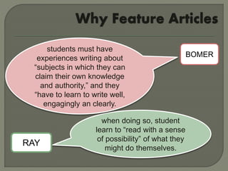 when doing so, student
learn to “read with a sense
of possibility” of what they
might do themselves.
students must have
experiences writing about
“subjects in which they can
claim their own knowledge
and authority,” and they
“have to learn to write well,
engagingly an clearly.
BOMER
RAY
 