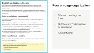 Poor on-page organization
• Title and headings are
there
• But they aren’t descriptive
or informative
• Are confusing
 