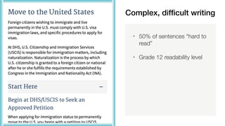 Complex, difficult writing
• 50% of sentences “hard to
read”
• Grade 12 readability level
 