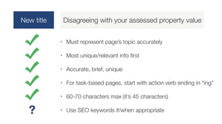 New title Disagreeing with your assessed property value
• Must represent page’s topic accurately
• Most unique/relevant info first
• Accurate, brief, unique
• For task-based pages, start with action verb ending in “ing”
• 60-70 characters max (it’s 45 characters)
• Use SEO keywords if/when appropriate
?
 