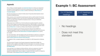 Example 1: BC Assessment
• No headings
• Does not meet this
standard
2.4.10 Section
headings
2.4.6 Headings &
labels
 